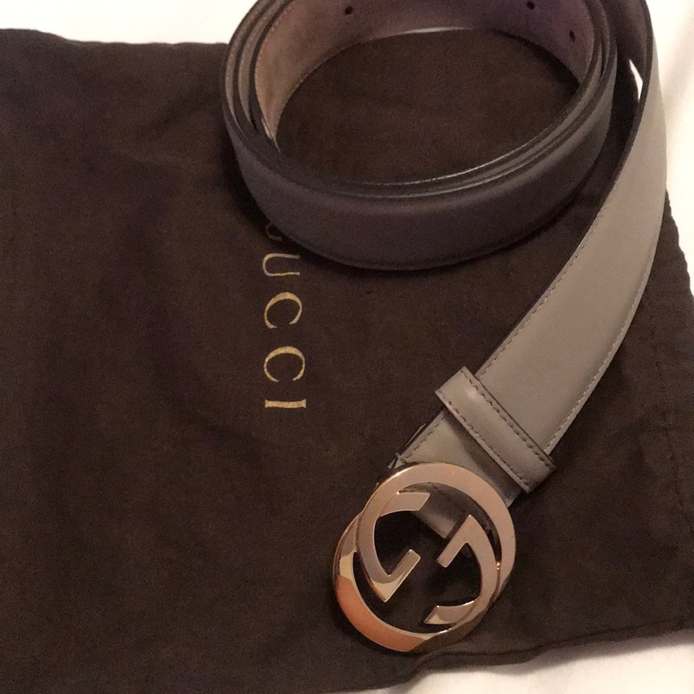 Light grey women’s Gucci belt.